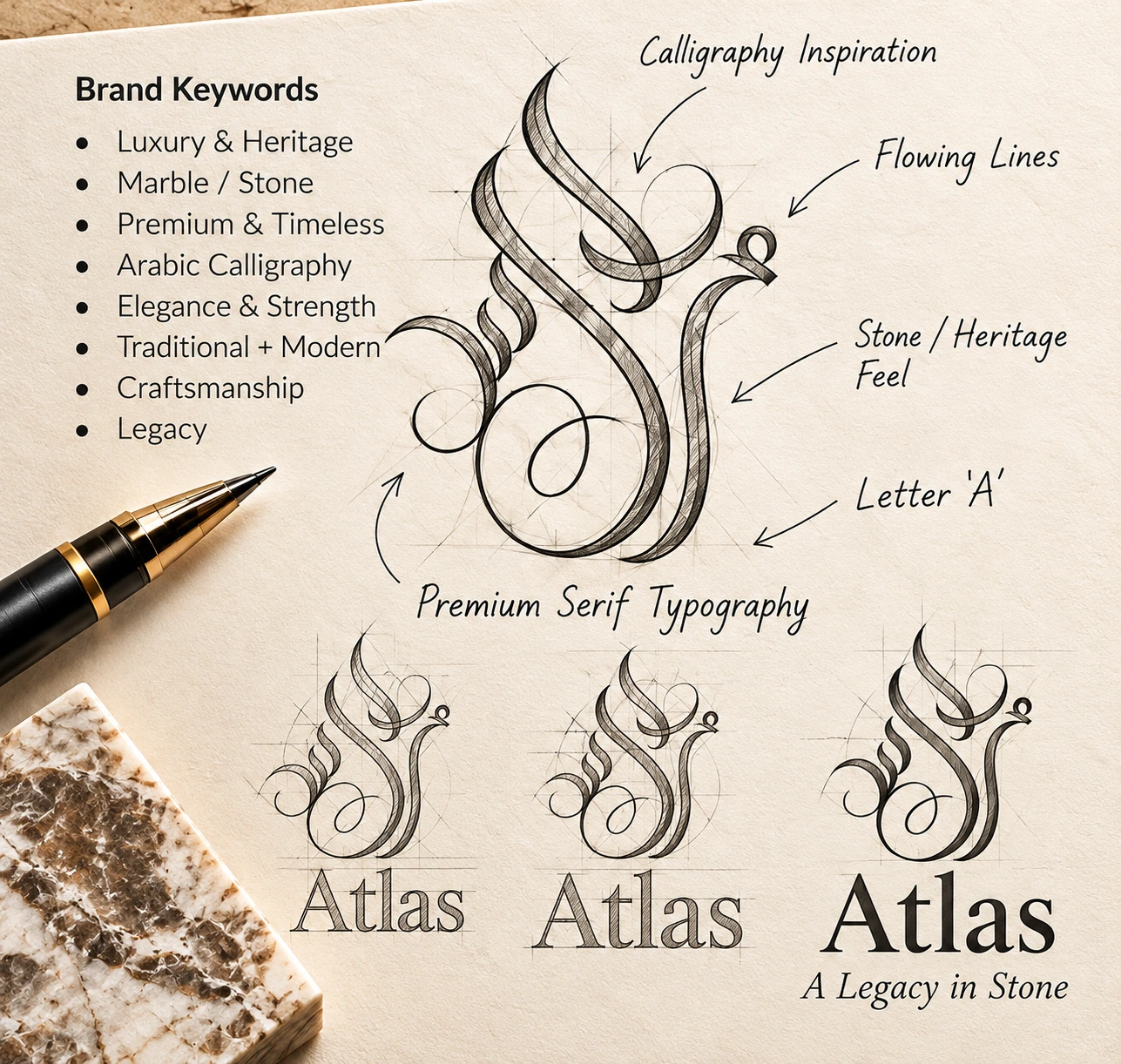 Atlas — Brand Keywords & Sketches — Adhav Creative Studio